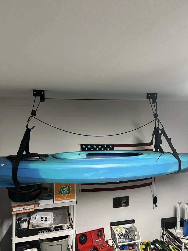Garage kayak storage pulley system install